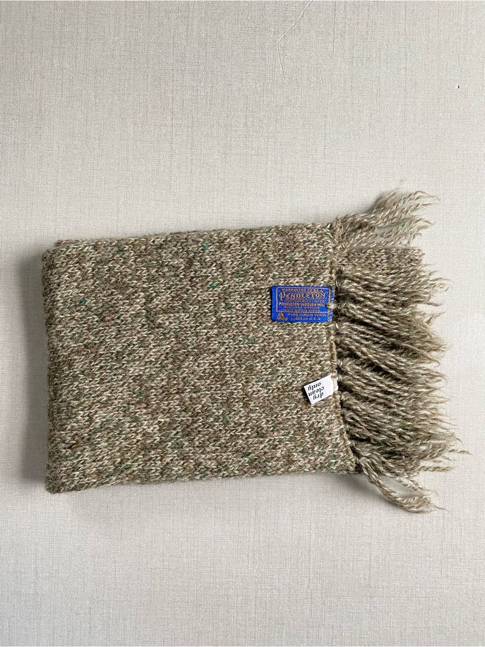 Vintage Pendleton 100% Virgin Wool Scarf Tweed Green Fringe Made in USA